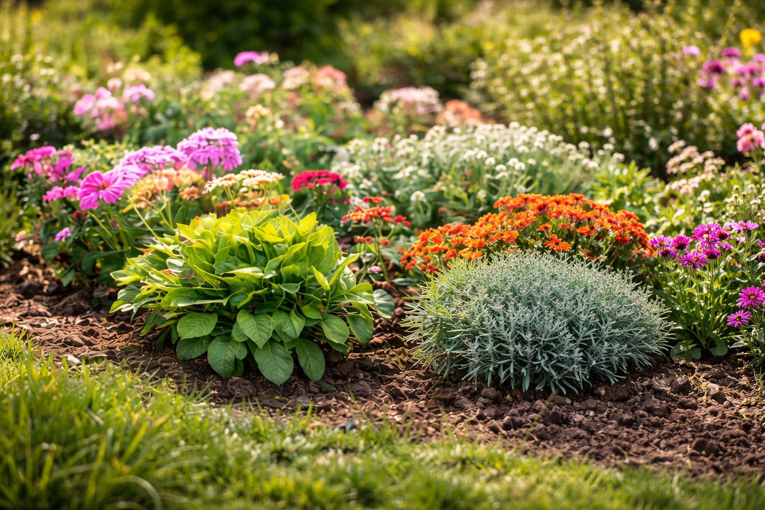 Gartenbepflanzung mit Stauden und Blumenbeet